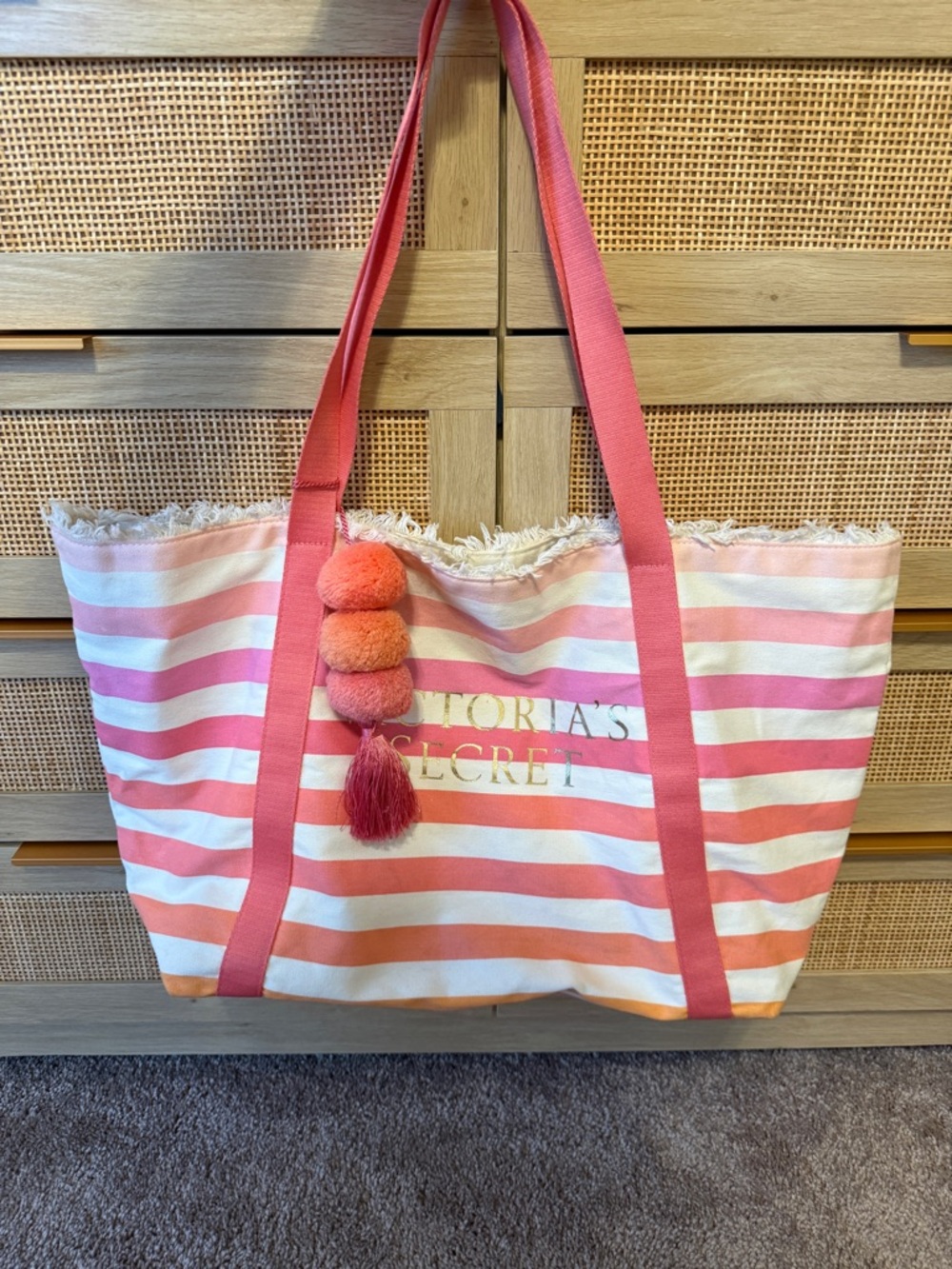 Preppy pink Victoria's Secret beach pool summer Striped Canvas Tote with Pom-Pom